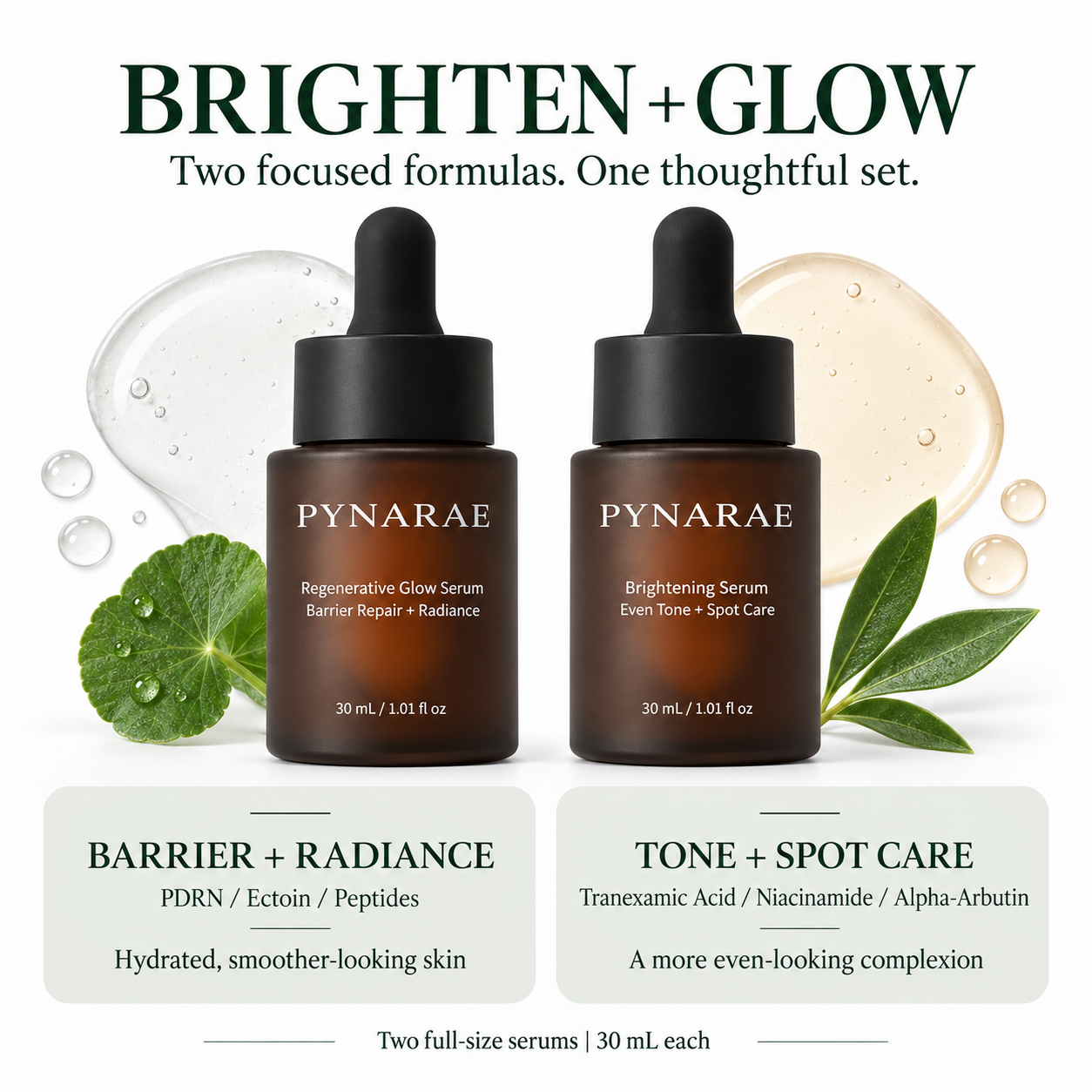 PYNARAE serum duo: barrier and radiance care with PDRN, ectoin and peptides; tone and spot care with tranexamic acid, niacinamide and alpha-arbutin