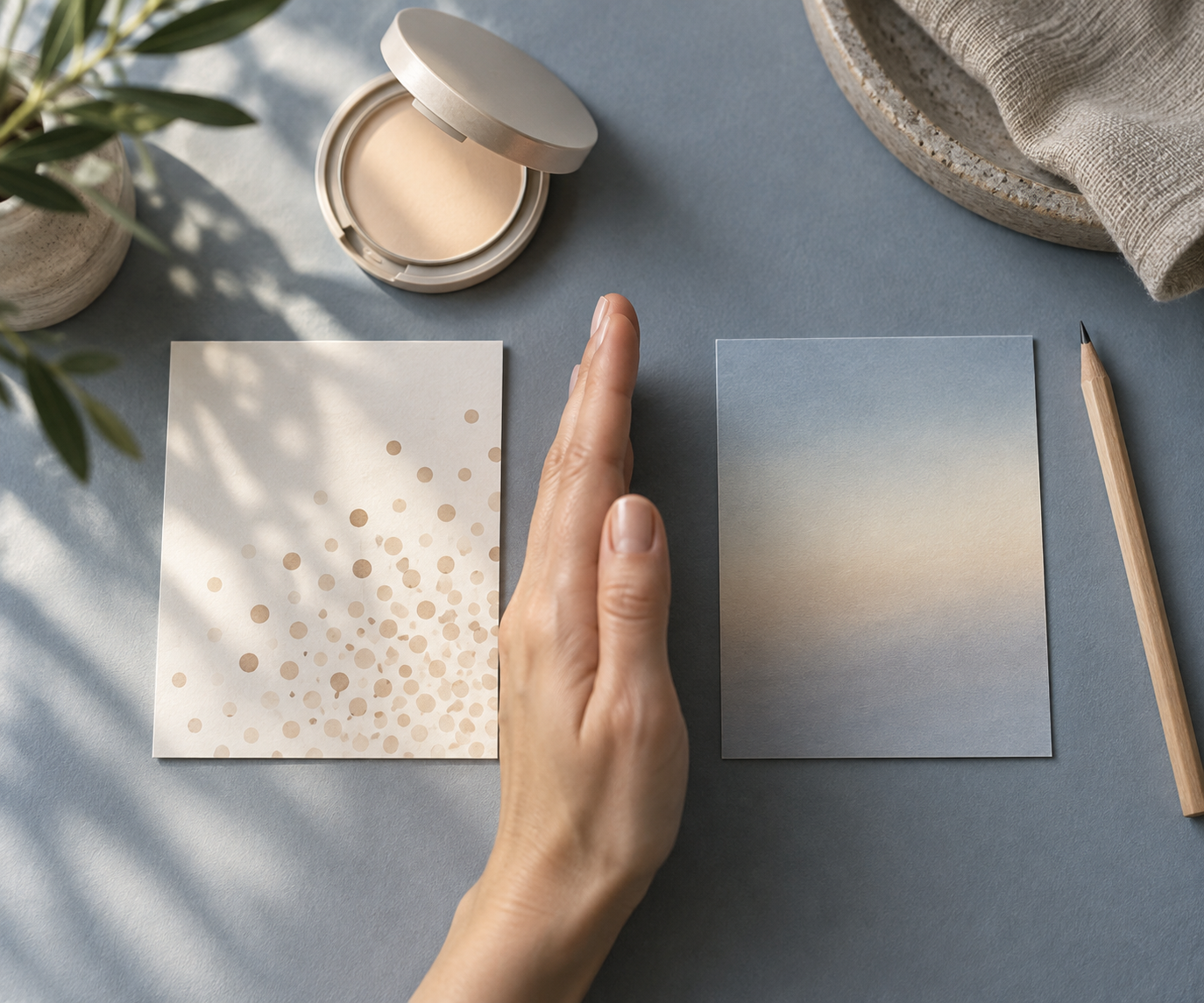 An adult hand separates two abstract note cards beside a compact and pencil on a blue-gray table.