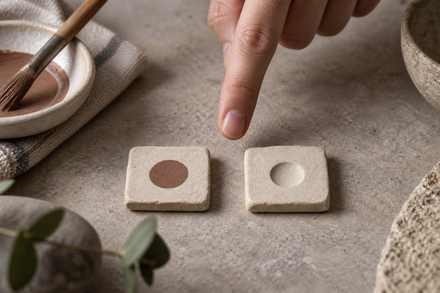 Two handmade clay tiles, one with a flat colored dot and one with a shallow indentation, sit beside a pointing fingertip.