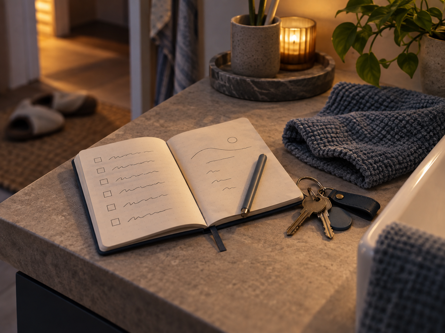 A blank-checklist notebook, keys, and a folded washcloth sit in warm evening light.