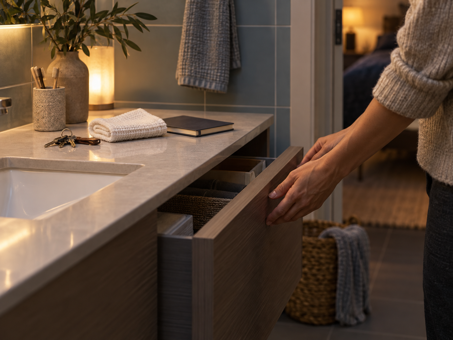 An adult closes a bathroom drawer beside keys, a folded washcloth, and a clear counter.