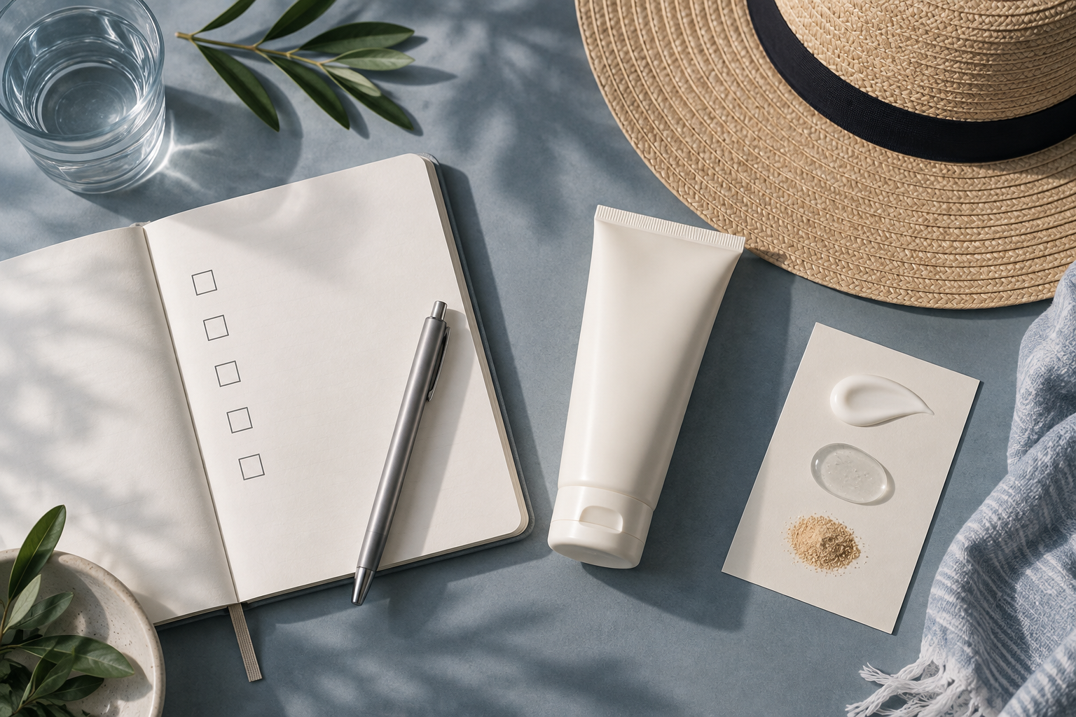 A notebook with five blank checkboxes sits beside a hat, generic sunscreen tube, information card, and pen.