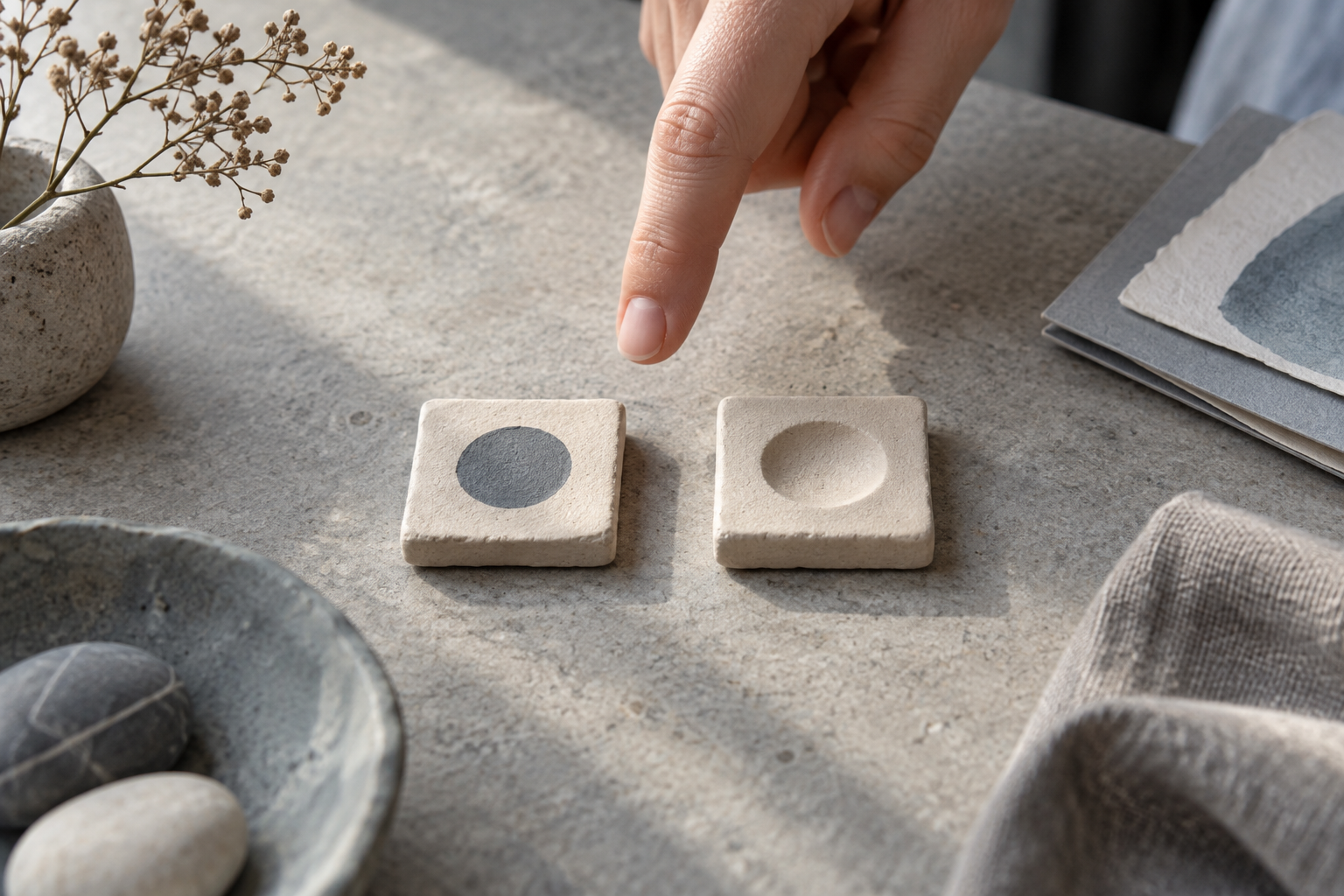 Two clay tiles show a flat painted dot and a shallow indentation as conceptual objects.
