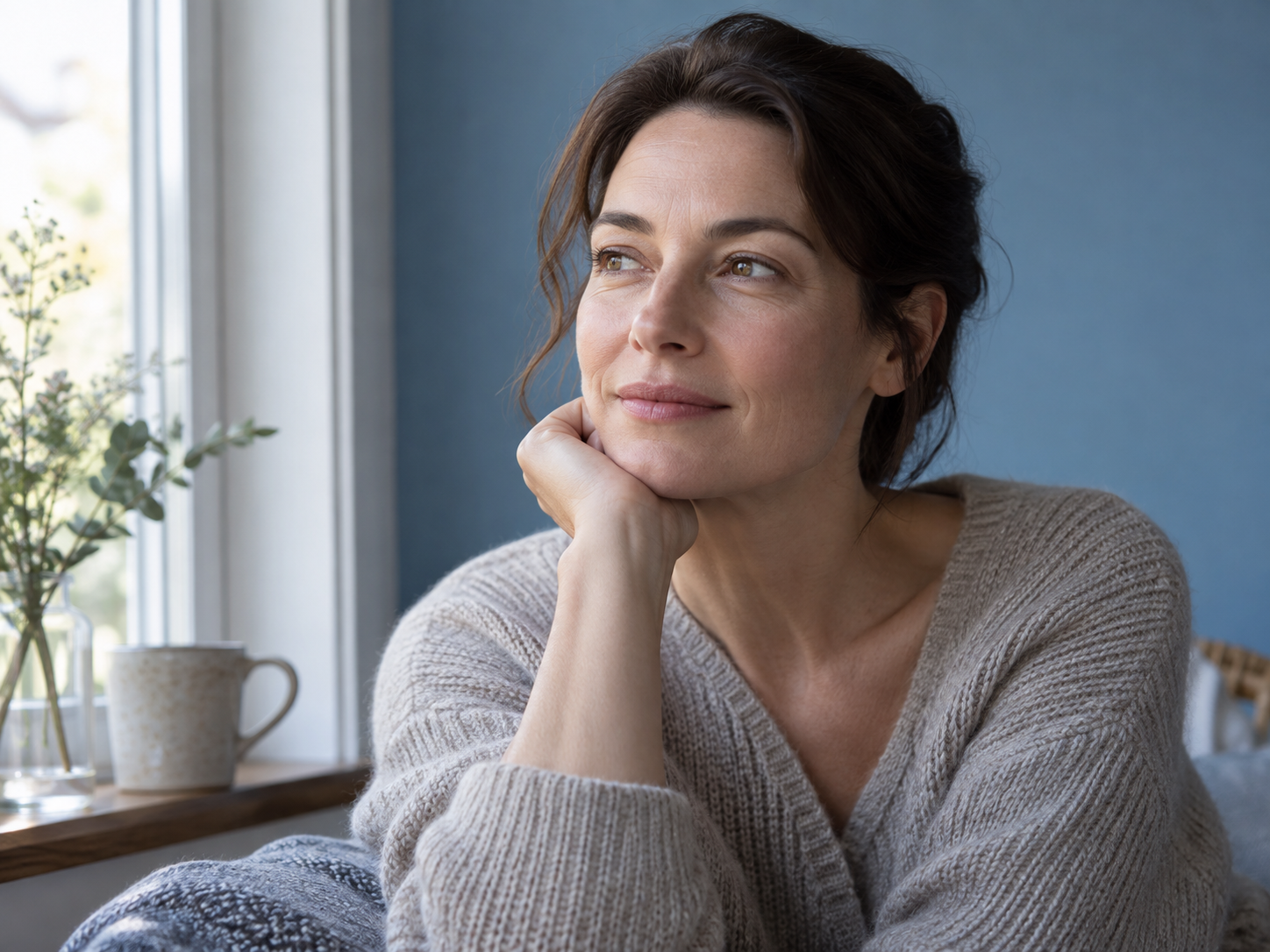 A fictional adult near a window with natural pores, fine lines, and tonal variation visible.
