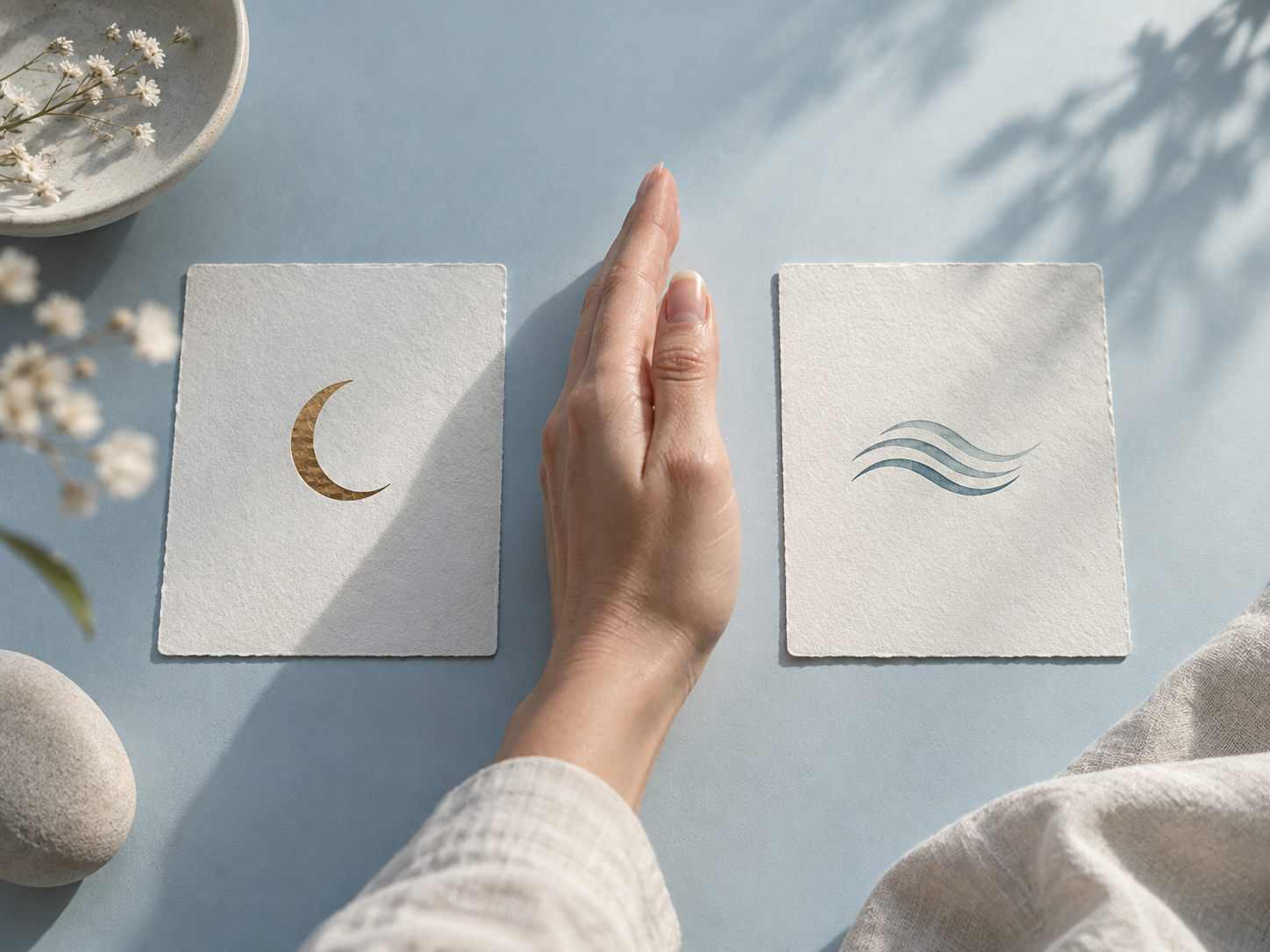 An adult hand separates two textured symbol cards on a pale blue tabletop.